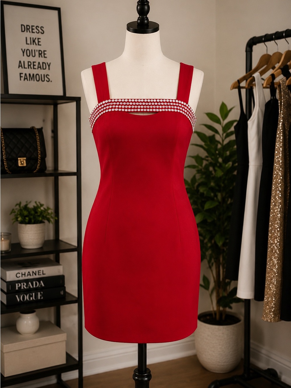 DKNY Women’s Red Rhinestone Trim Bodycon Mini Cocktail Party Dress DD5N1N01